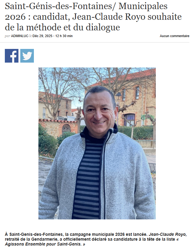 Merci à « Ouillade » pour cet article relayant l’annonce de la candidature de Jean-Claude Royo aux élections municipales 2026 à Saint Genis