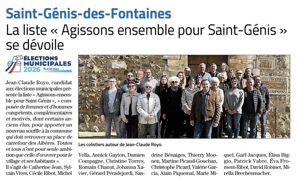 Notre liste "Agissons ensemble pour Saint Genis" est ravie de vous dévoiler son équipe.